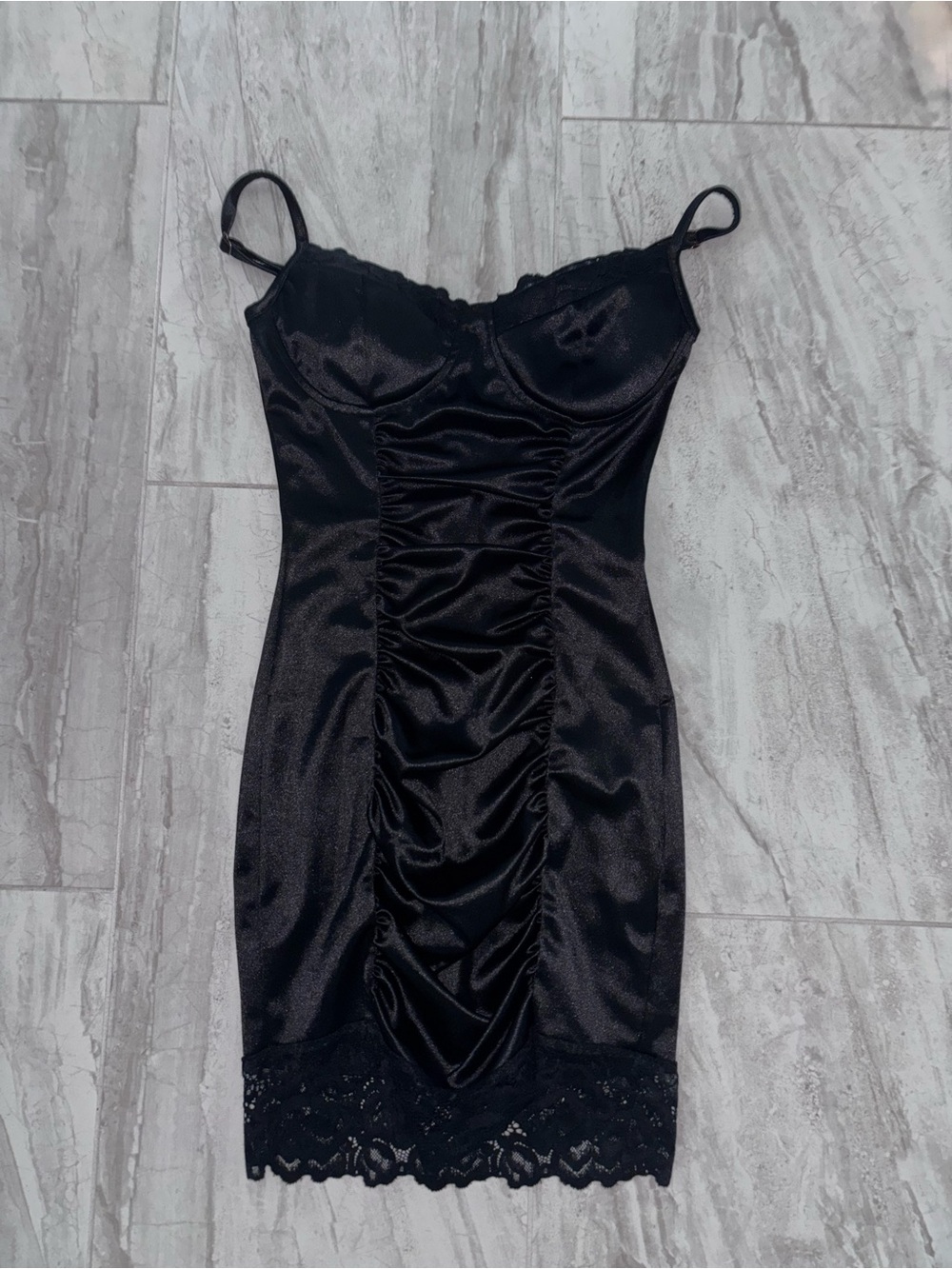 Windsor Black Satin Ruched Slip Dress with Lace Hem